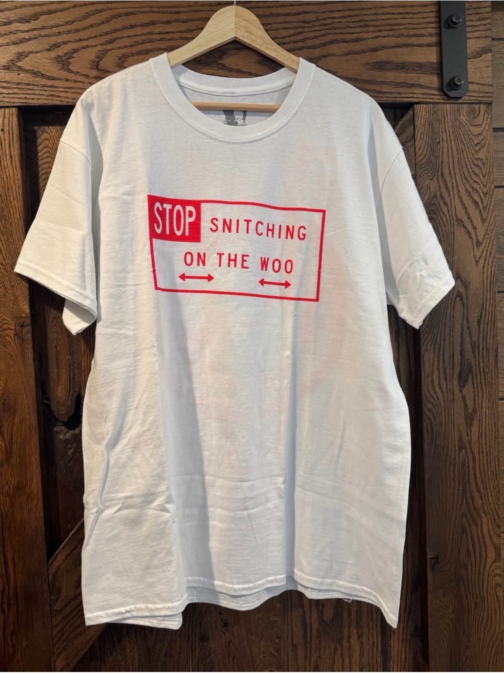 VLONE White T‑Shirt with Red 'Stop Snitching On The Woo' Graphic